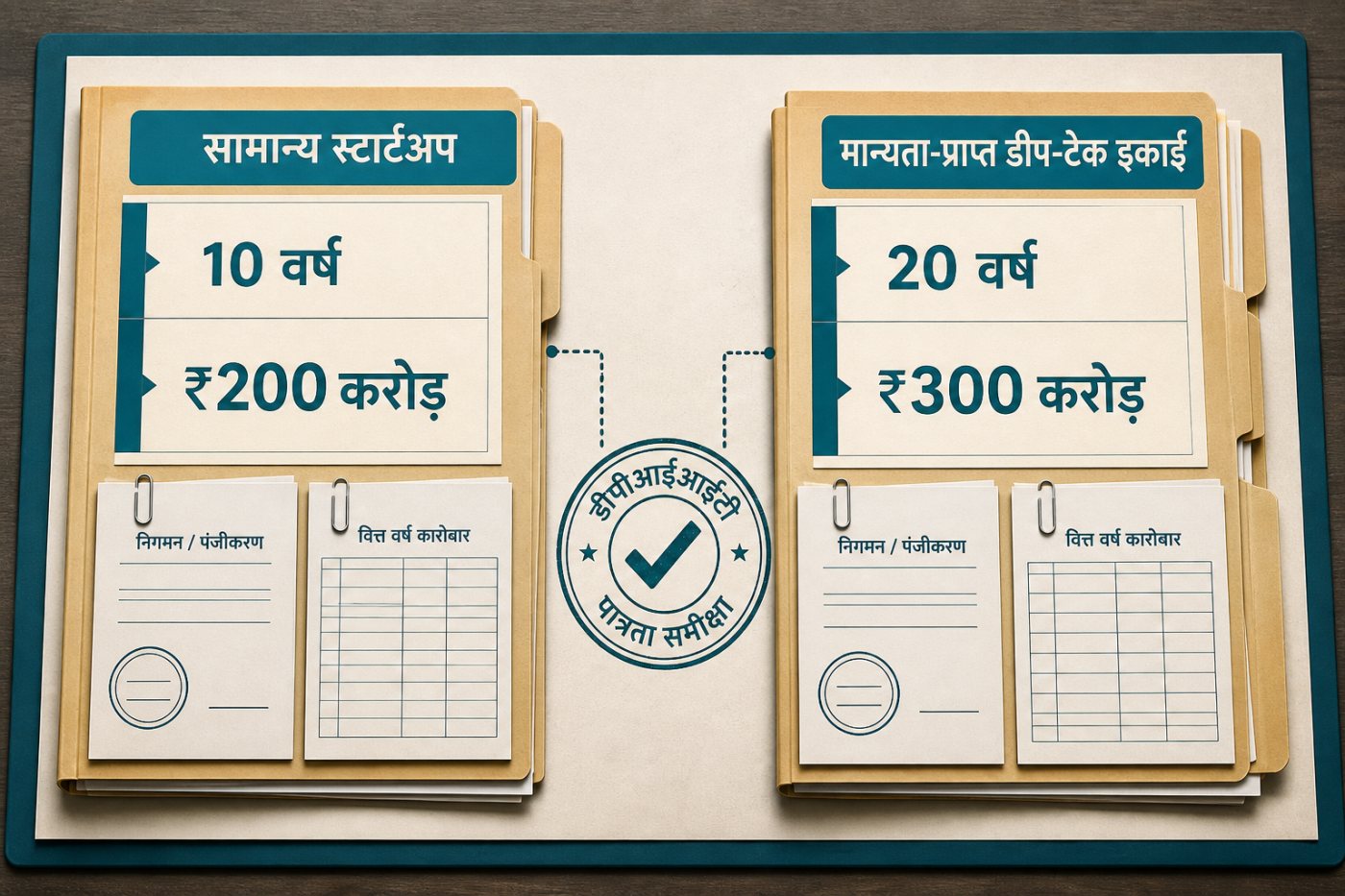 सामान्य स्टार्टअप की 10 वर्ष और ₹200 करोड़ की जाँच के मुकाबले डीप-टेक की 20 वर्ष और ₹300 करोड़ की पात्रता-जाँच