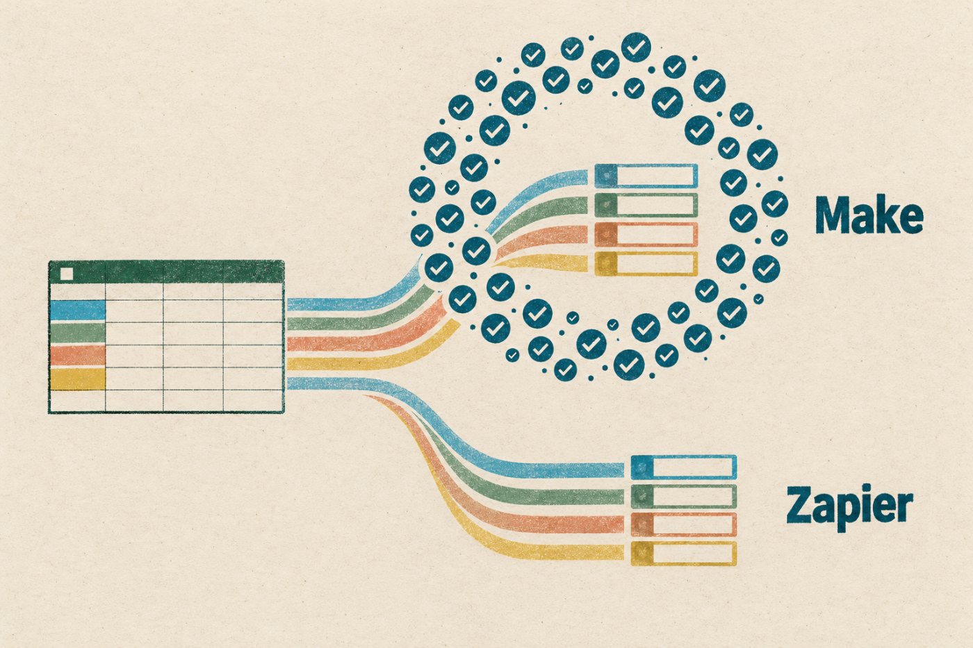 Sąlyginiame „Google Sheets“ eilučių perkėlime „Make“ skaičiuoja patikrinimus ir įrašų kūrimą, o „Zapier“ – sėkmingas užduotis.