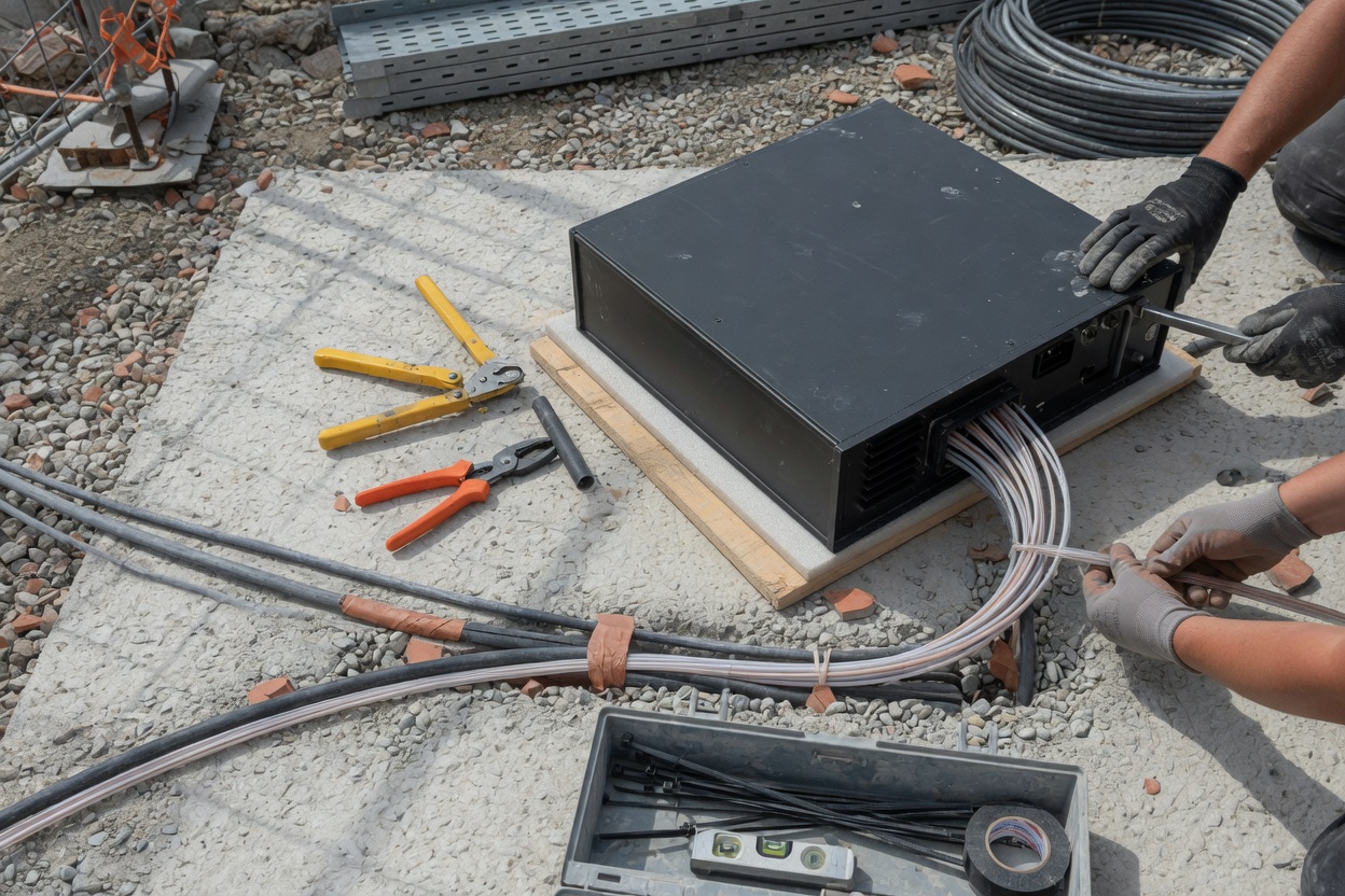 Team setting up equipment during construction of the optical ground station in Noordwijk.