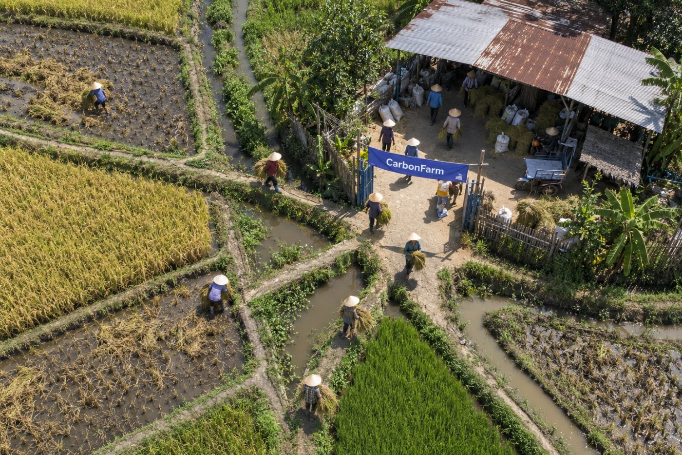 Pěstitelé rýže a místní družstvo představují spolupráci potřebnou k zavedení projektů CarbonFarm na jednotlivých polích.
