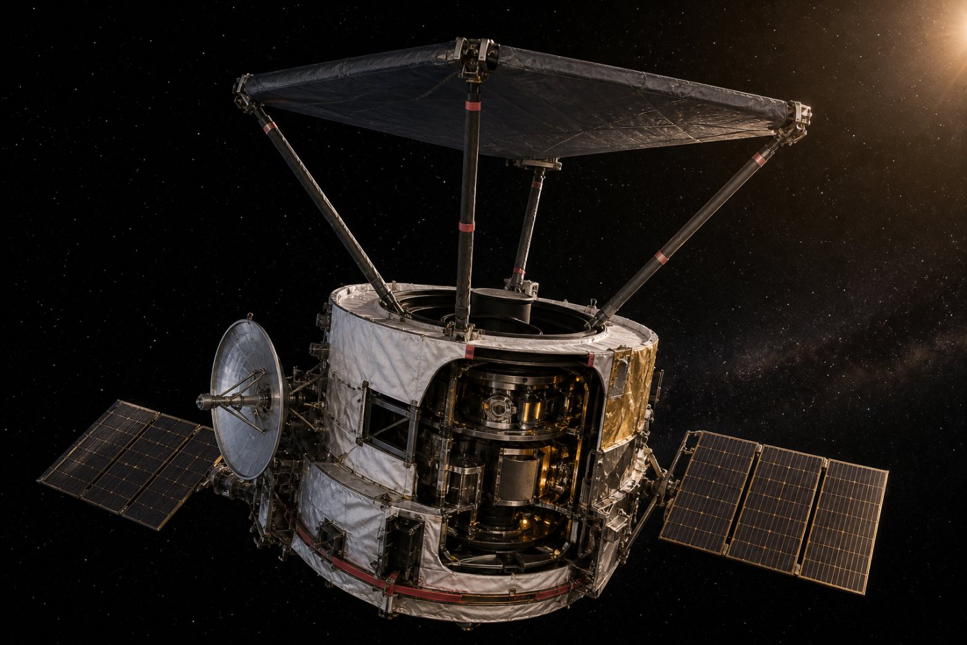 El telescopio Nancy Grace Roman con la visera, la antena de alta ganancia y los paneles solares desplegados durante la puesta en servicio.
