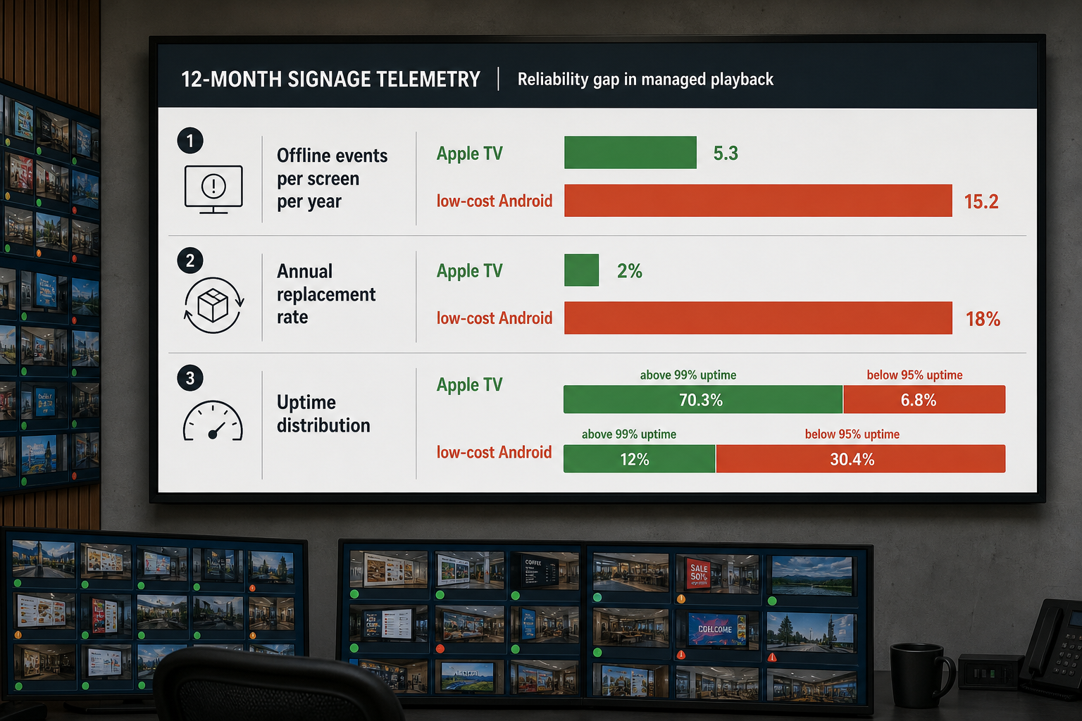 Comparison of Apple TV and low-cost Android players by uptime, offline events and annual replacements over 12 months
