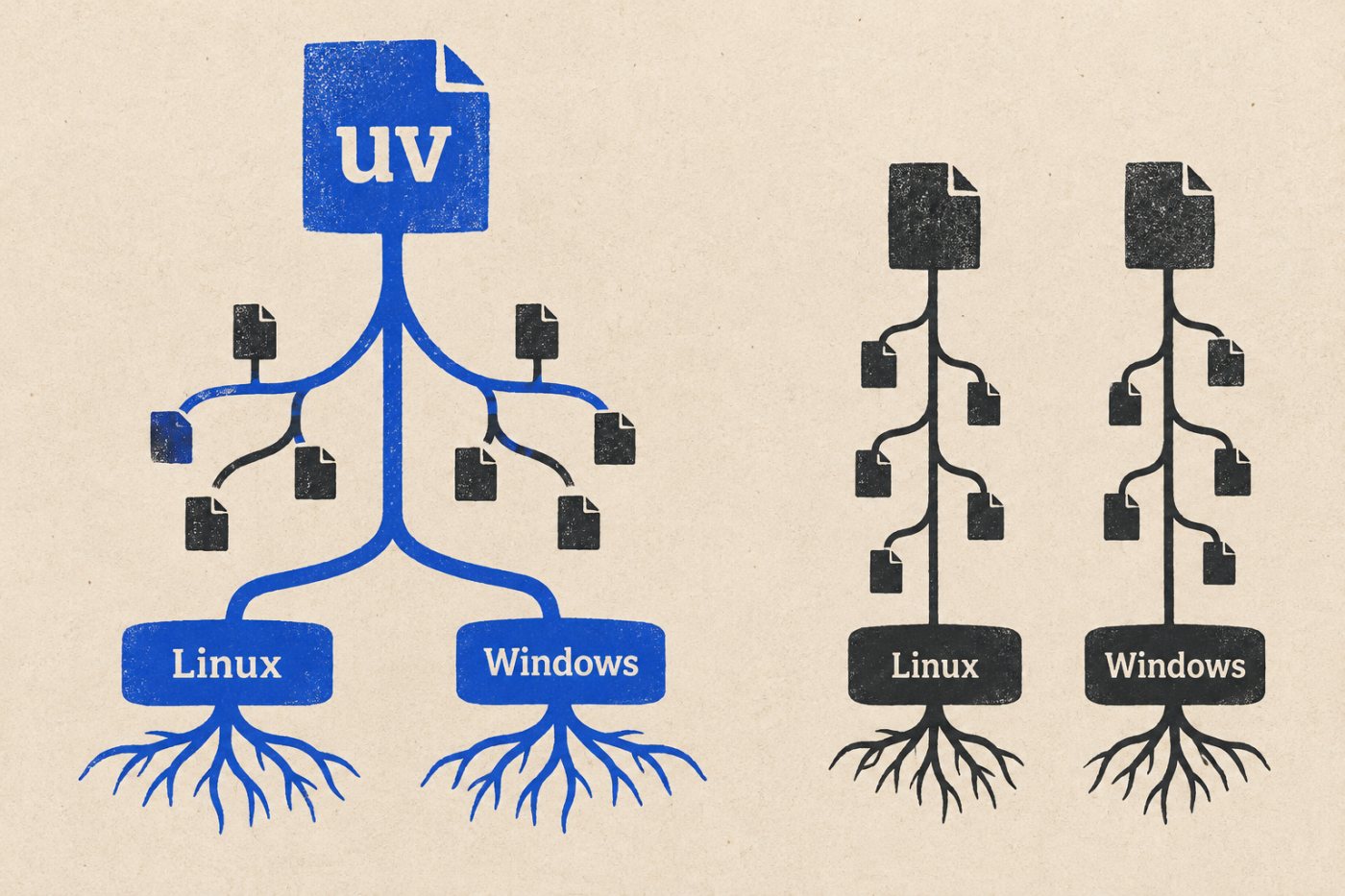 „uv.lock“ susieja kelių platformų priklausomybes viename projekto užrakte, o „requirements.txt“ darbo eigai gali reikėti atskirų rinkinių.