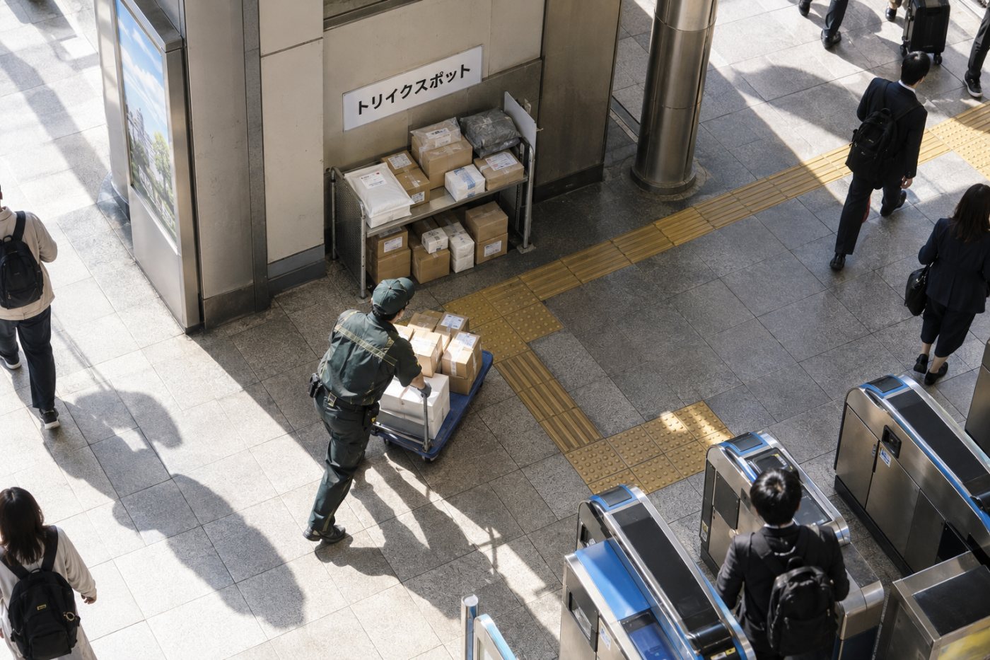 駅の未利用スペースにあるトリイクスポットへ、複数の宅配荷物を集約して届ける様子