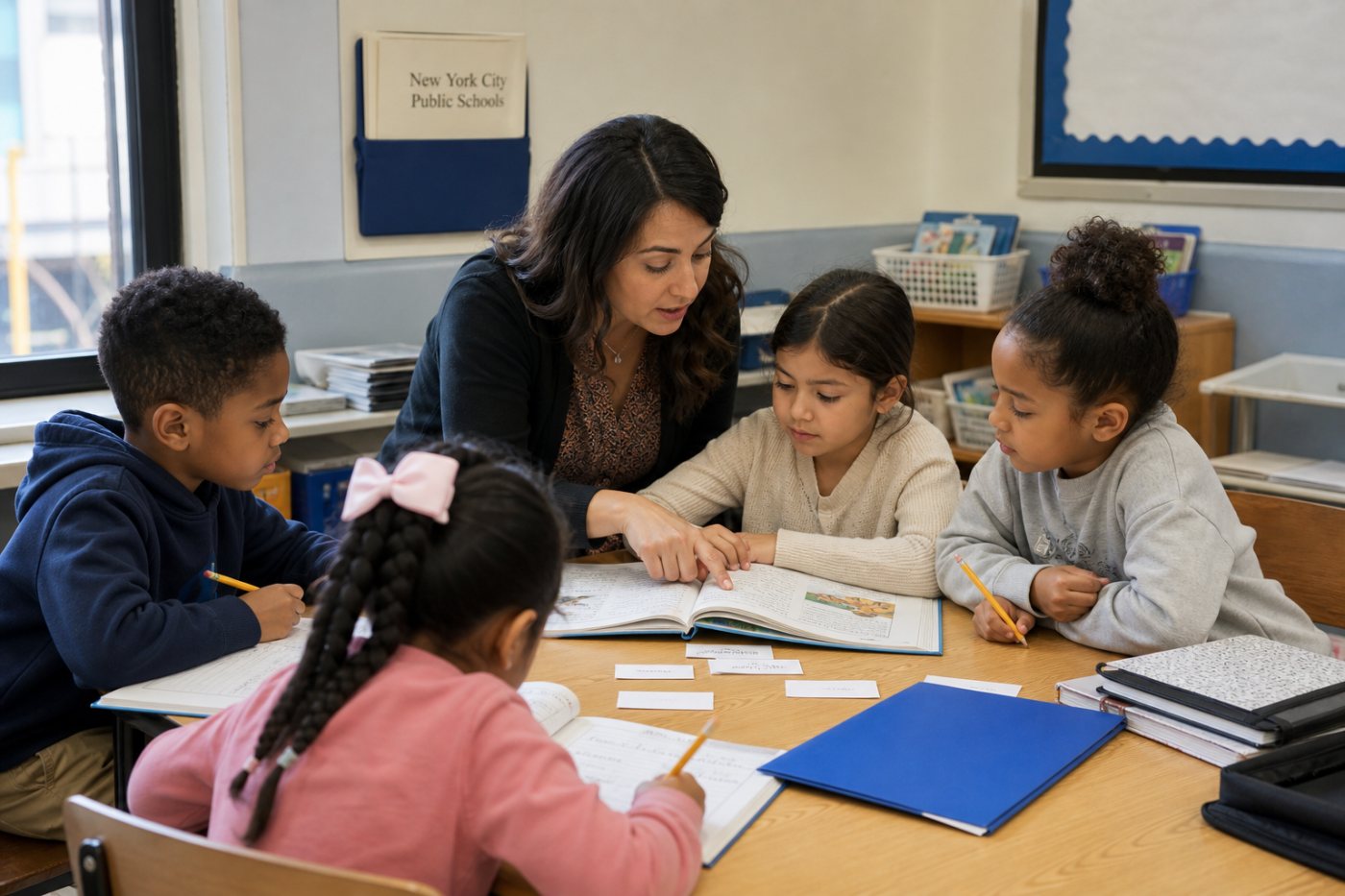Des élèves du primaire de New York travaillent sans IA générative sur des supports physiques et avec leur enseignant.