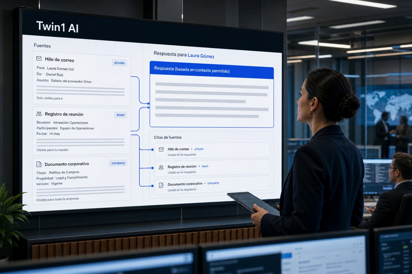 Twin1 AI reúne correo, reuniones y documentos autorizados para generar una respuesta vinculada al contexto de un trabajador.