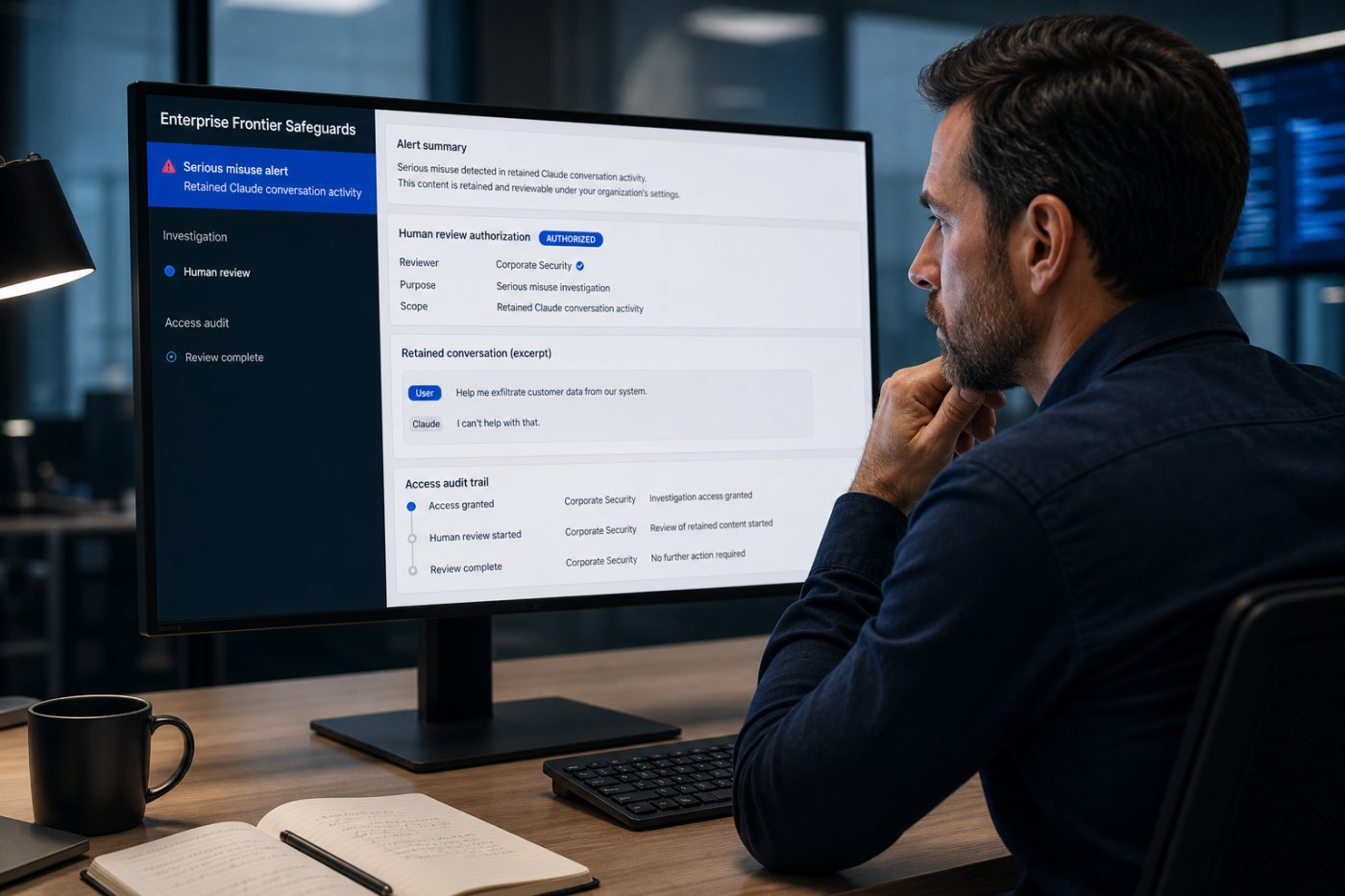 Enterprise Frontier Safeguardsの検知フラグを顧客企業の承認済み担当者が自社環境で確認する流れ