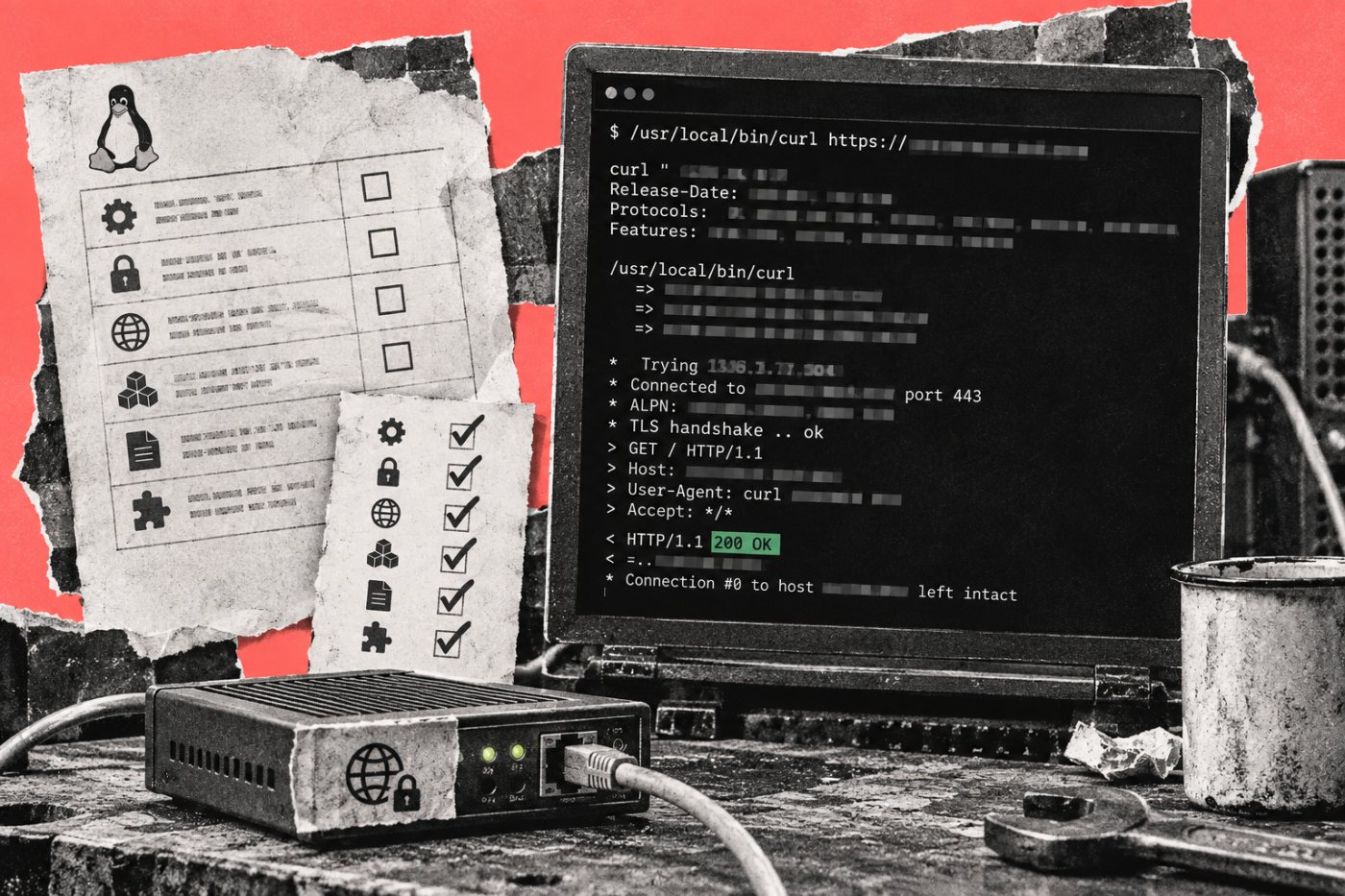 Die neu installierte curl-Binärdatei wird über ihren absoluten Pfad gestartet und mit der vorgesehenen TLS-Konfiguration getestet.