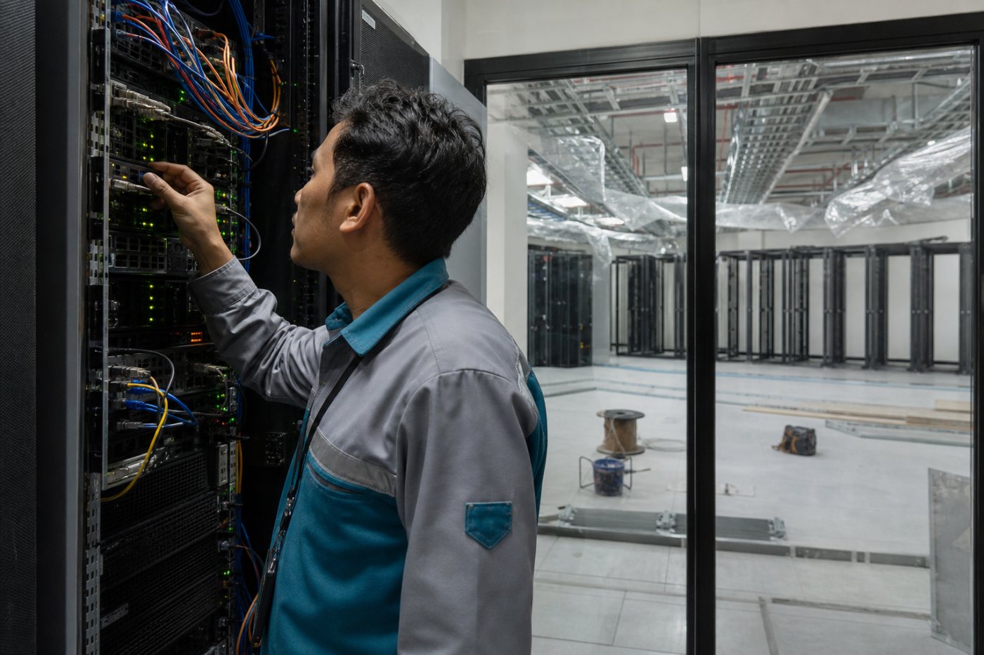 Kapasitas pusat data yang sudah beroperasi dibandingkan dengan perluasan yang masih dibangun.