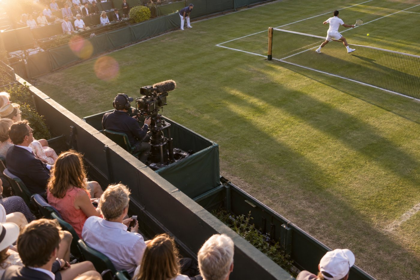 Câmera autorizada ocupa posição própria enquanto espectadores mantêm celulares abaixados durante o jogo em Wimbledon.