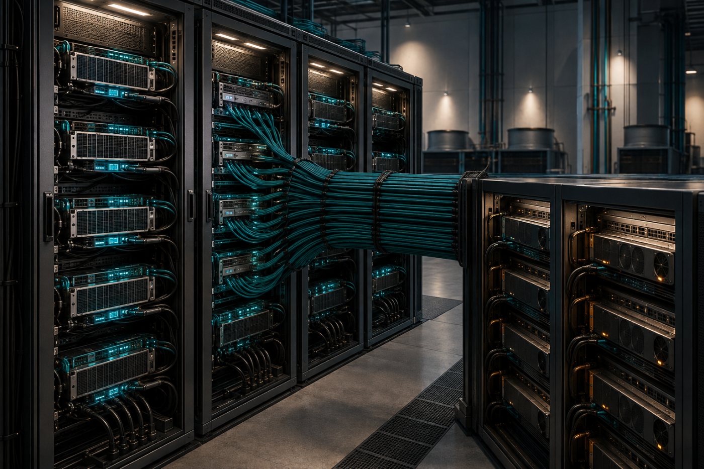 Des baies d’accélérateurs attendent des échanges ralentis par les connexions de la grappe d’IA.