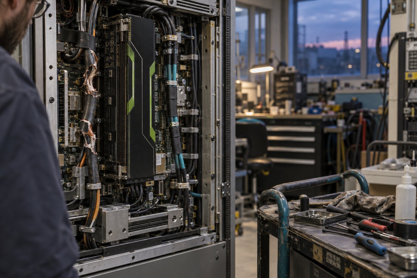 An Nvidia accelerator connects contrasting circuit paths that represent faster software exploitation and repair.