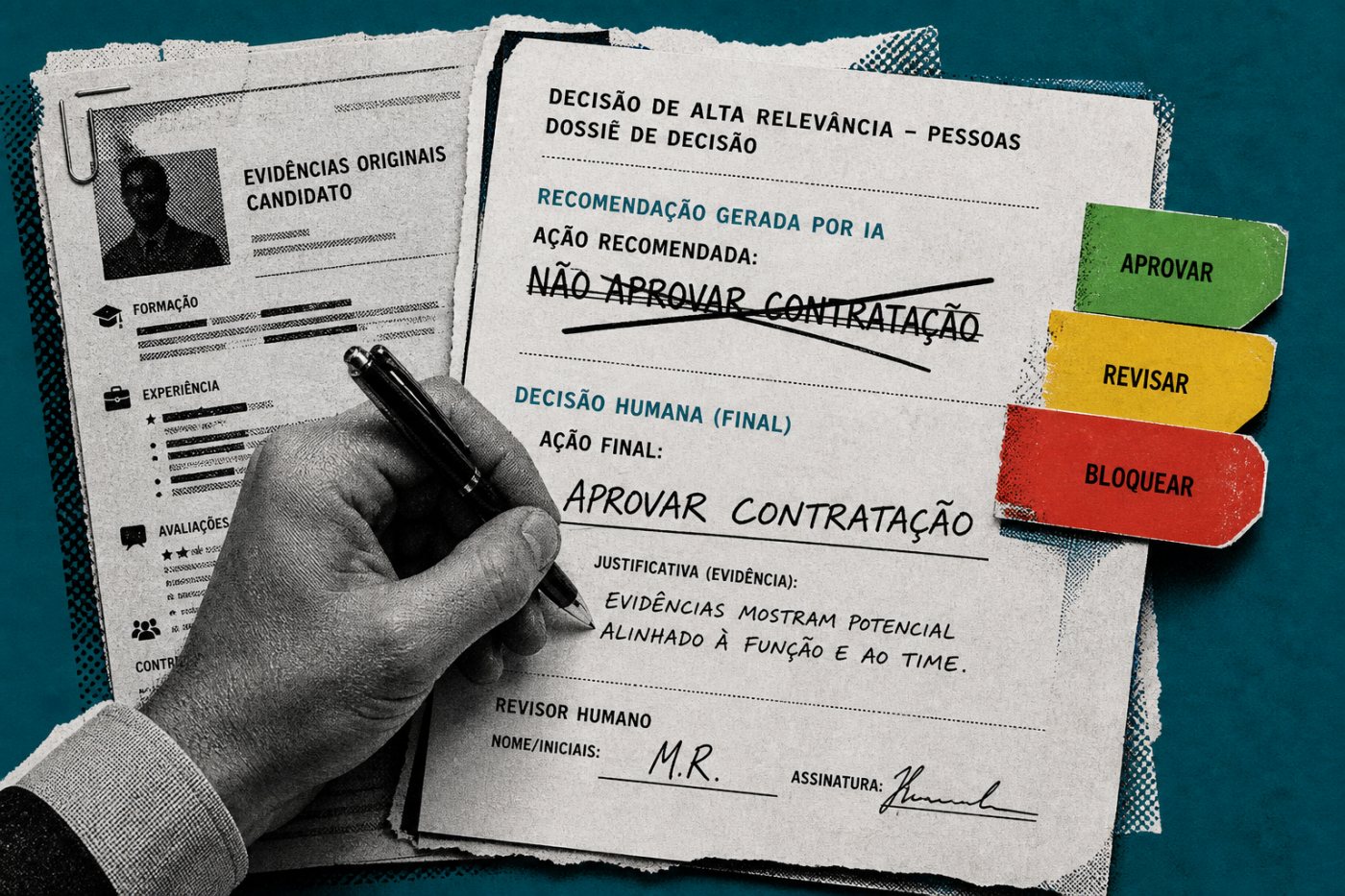 Decisão relevante apoiada por IA é interrompida para revisão das fontes e decisão final de um responsável humano.