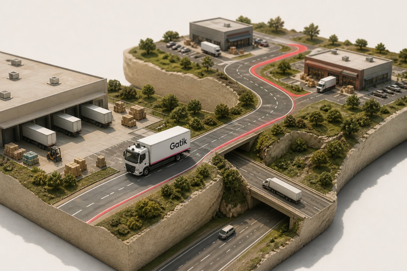 Gatik کا driverless box truck تقسیم کار مرکز اور ریٹیل مقامات کے درمیان تجارتی مال برداری کر رہا ہے۔