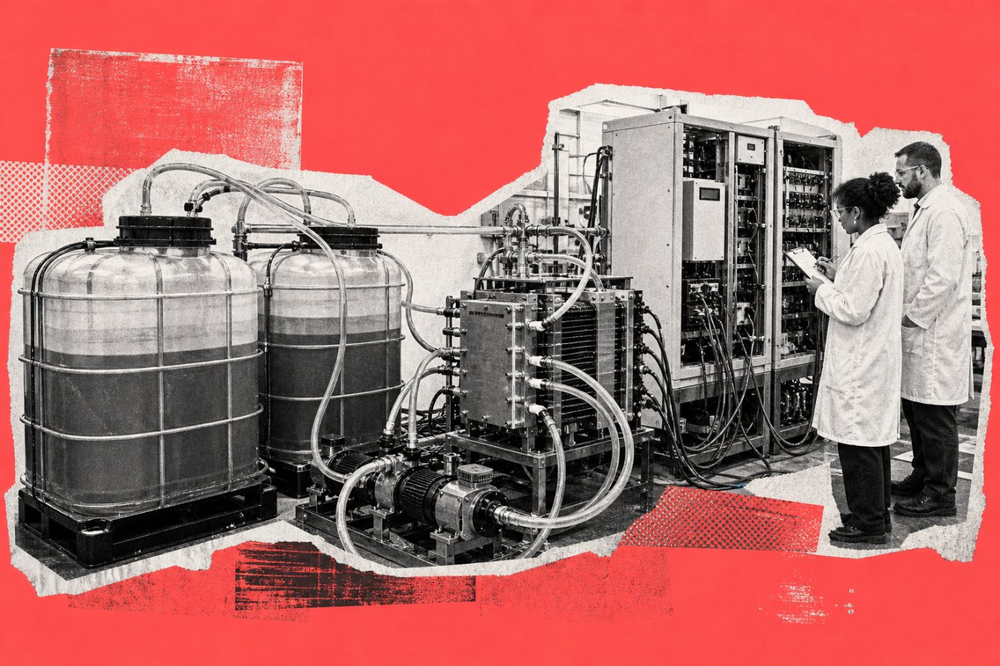 A hydrogen-manganese flow-battery rig integrates electrolyte tanks, pumps, stacks and power equipment for performance testing.