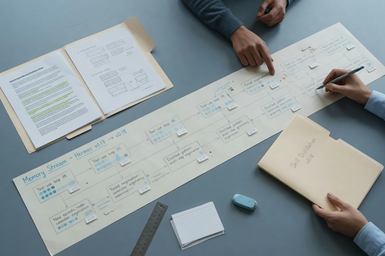 Two professionals reviewing an editable agent learning timeline on paper documents.