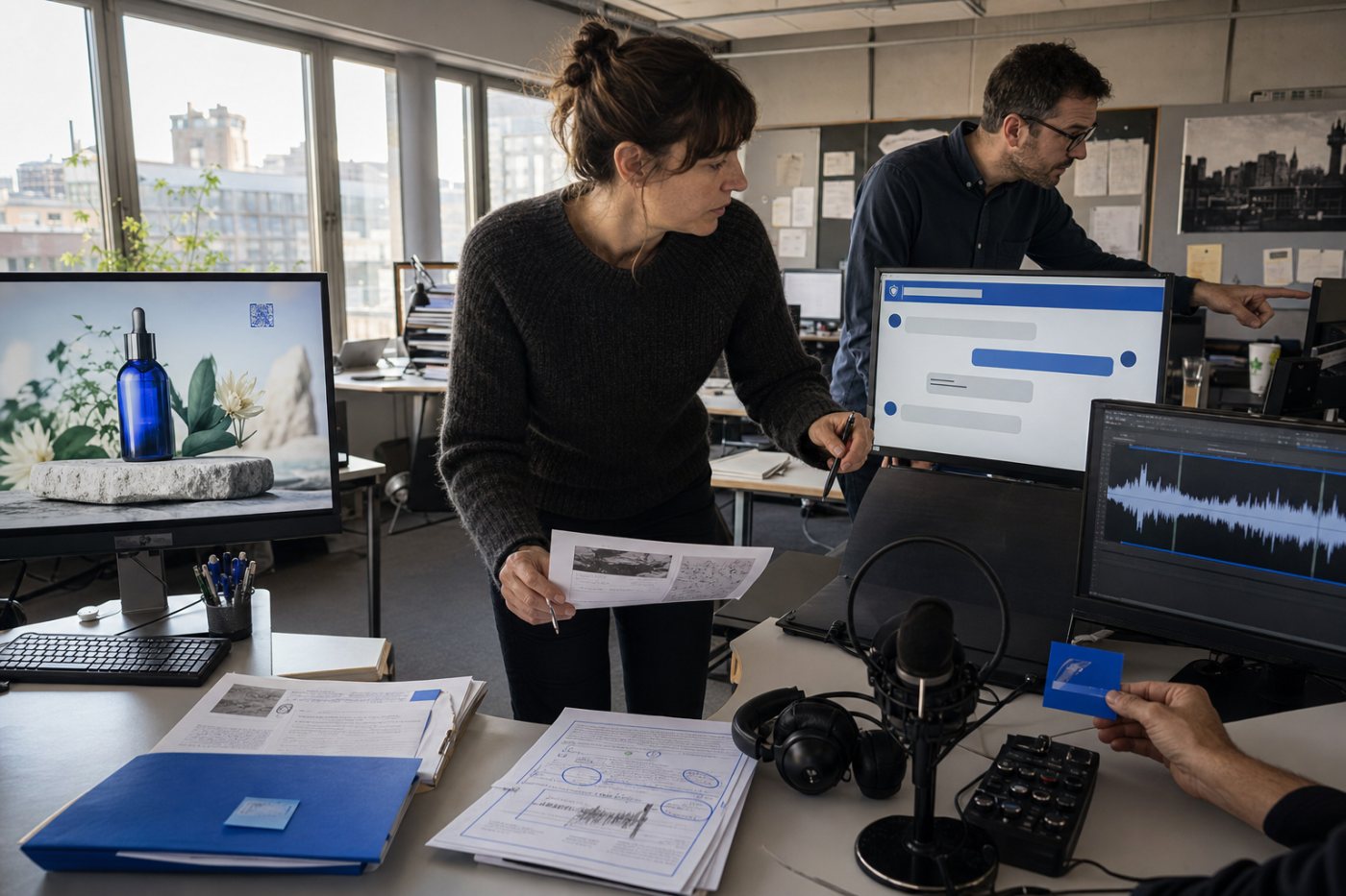 Werbebild, Chatbot, Podcaststimme und redigierter Text mit unterschiedlichen Transparenzmaßnahmen