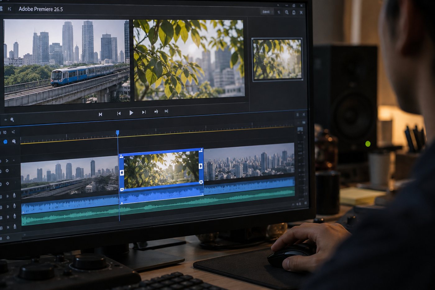 Celah sequence Premiere 26.5 diisi klip B-roll generatif berdasarkan frame referensi proyek.