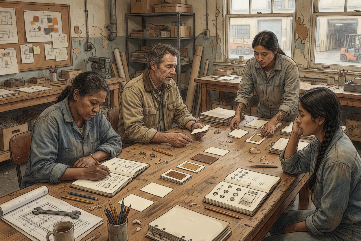 Employees planning work using notebooks in a workshop