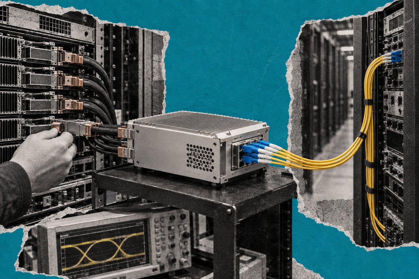 DSP coherent chuyển tín hiệu giữa phần cứng tăng tốc AI và liên kết quang nối các giá máy chủ.