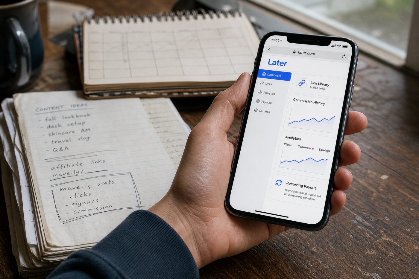 Mavely creator account elements carrying over to Later, including login, links, commissions, payouts and analytics.
