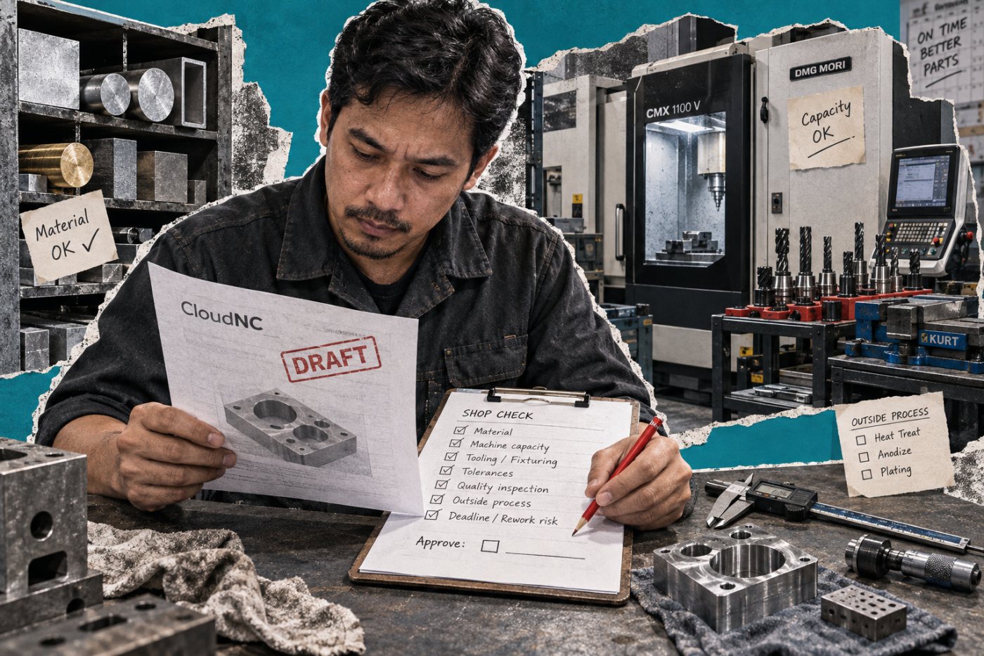 Estimator CNC memverifikasi asumsi biaya, kapasitas, perkakas, dan toleransi sebelum menyetujui penawaran AI.
