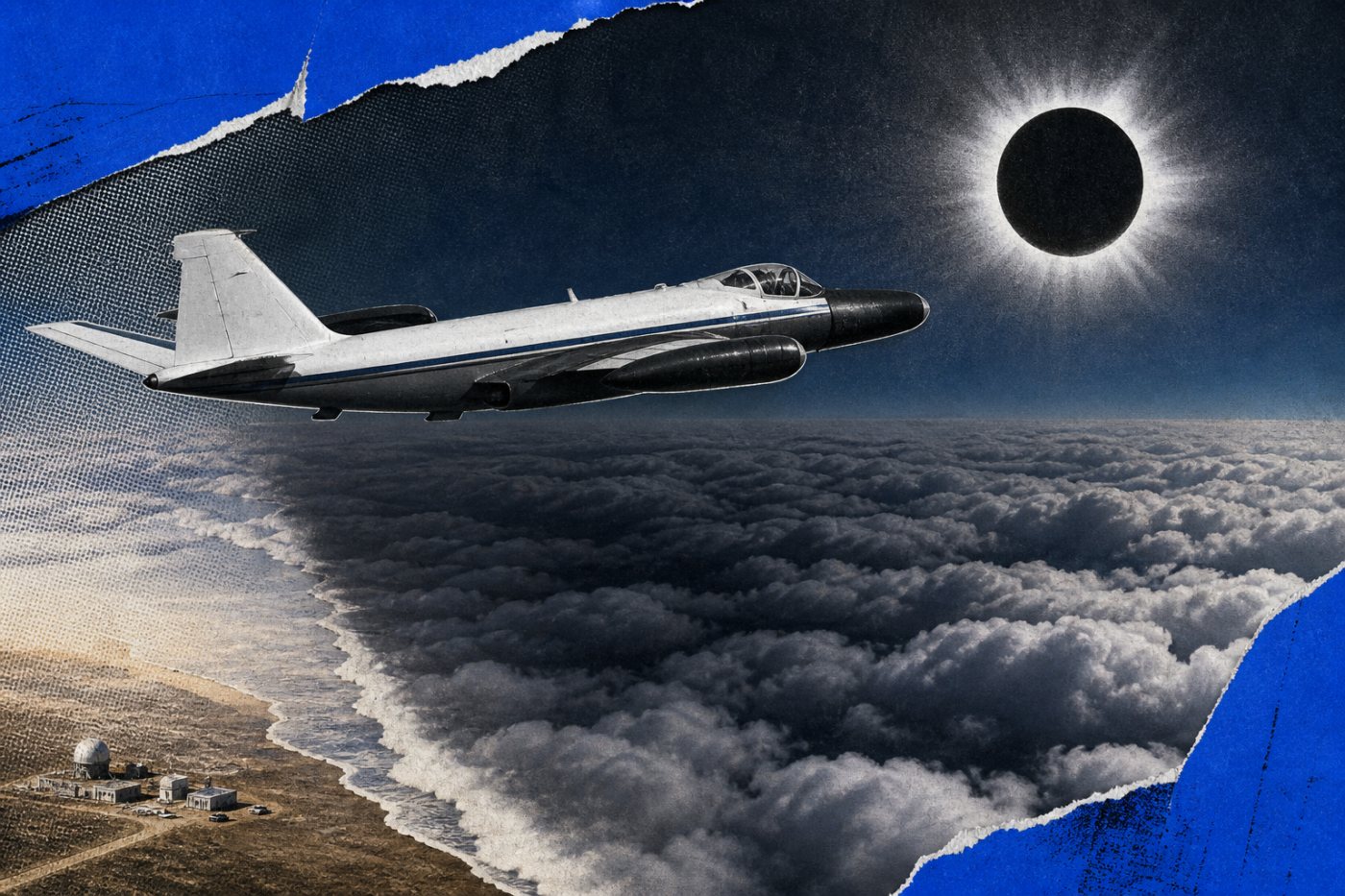 चंद्रमा की चलती छाया के साथ बादलों के ऊपर उड़ता NASA WB-57, जिससे पूर्णता का अवलोकन जमीन की अपेक्षा अधिक देर चला