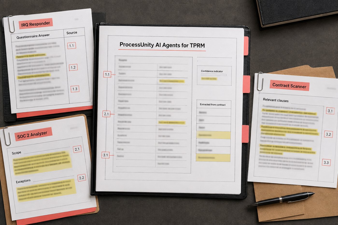 ProcessUnity-এর আলাদা agent vendor intake, SOC 2 evidence ও contract clause থেকে নির্দিষ্ট output প্রস্তুত করছে
