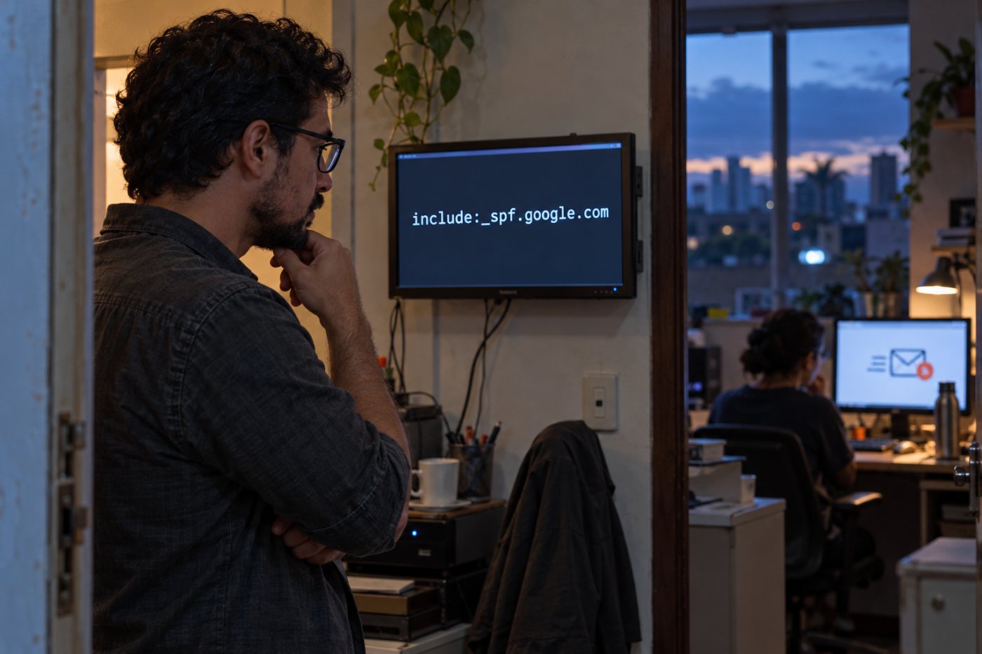 Registro SPF do Google Workspace ao lado de um remetente terceirizado que ainda precisa ser incluído no inventário.