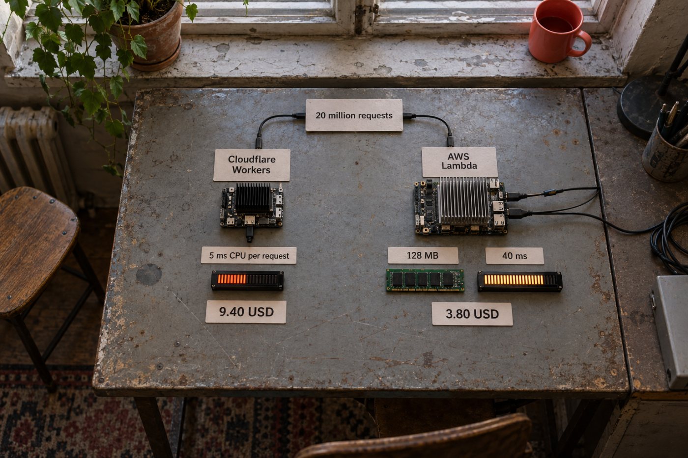 Nosacītam API ar 20 miljoniem pieprasījumu Workers un Lambda izmaksas atšķiras CPU un GB sekunžu uzskaites dēļ.
