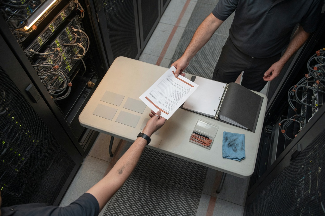 IT administrators exchanging server update documentation during planning