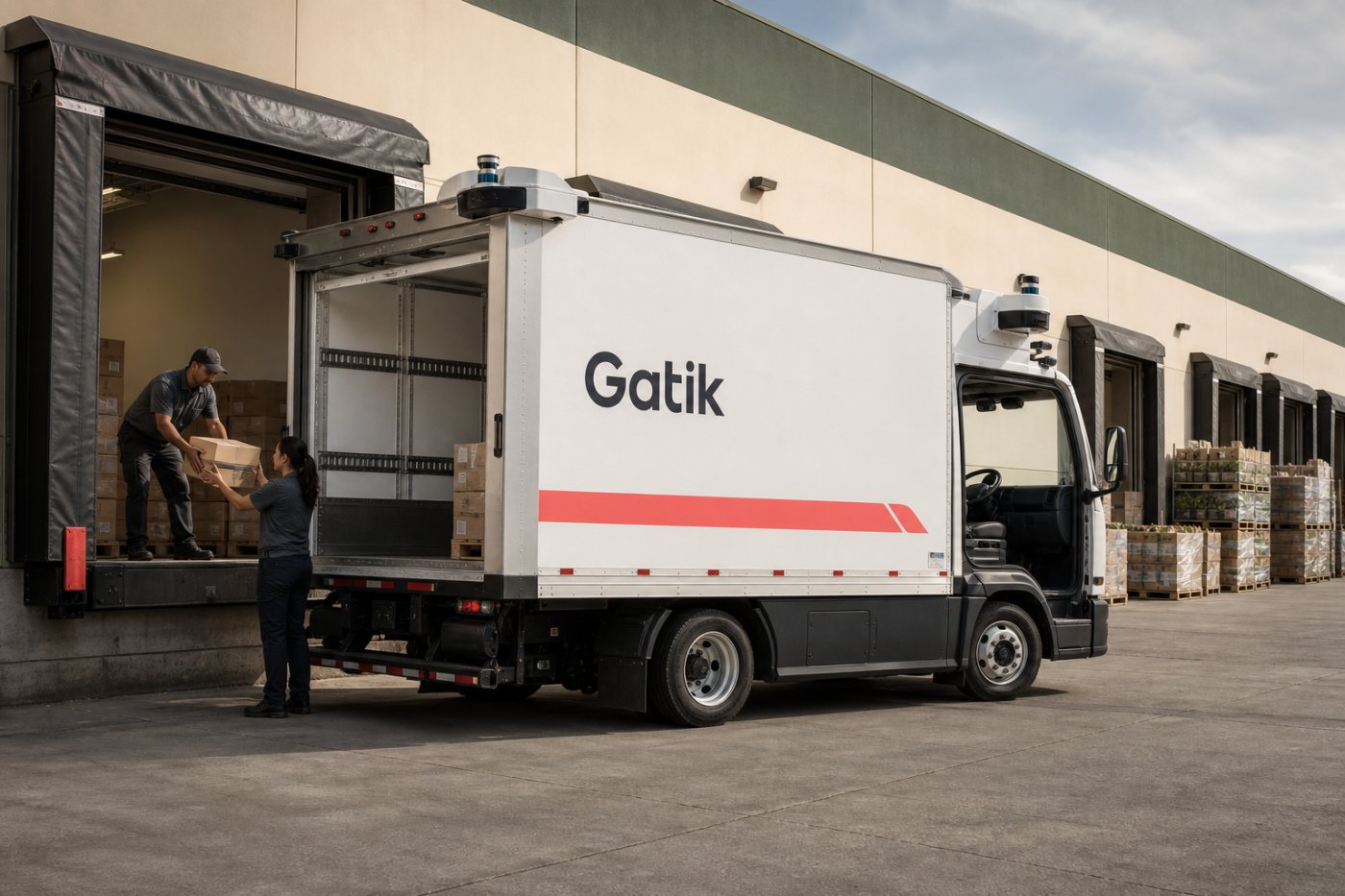 Un camión autónomo de Gatik completa una entrega comercial sin conductor entre una red logística y una tienda.