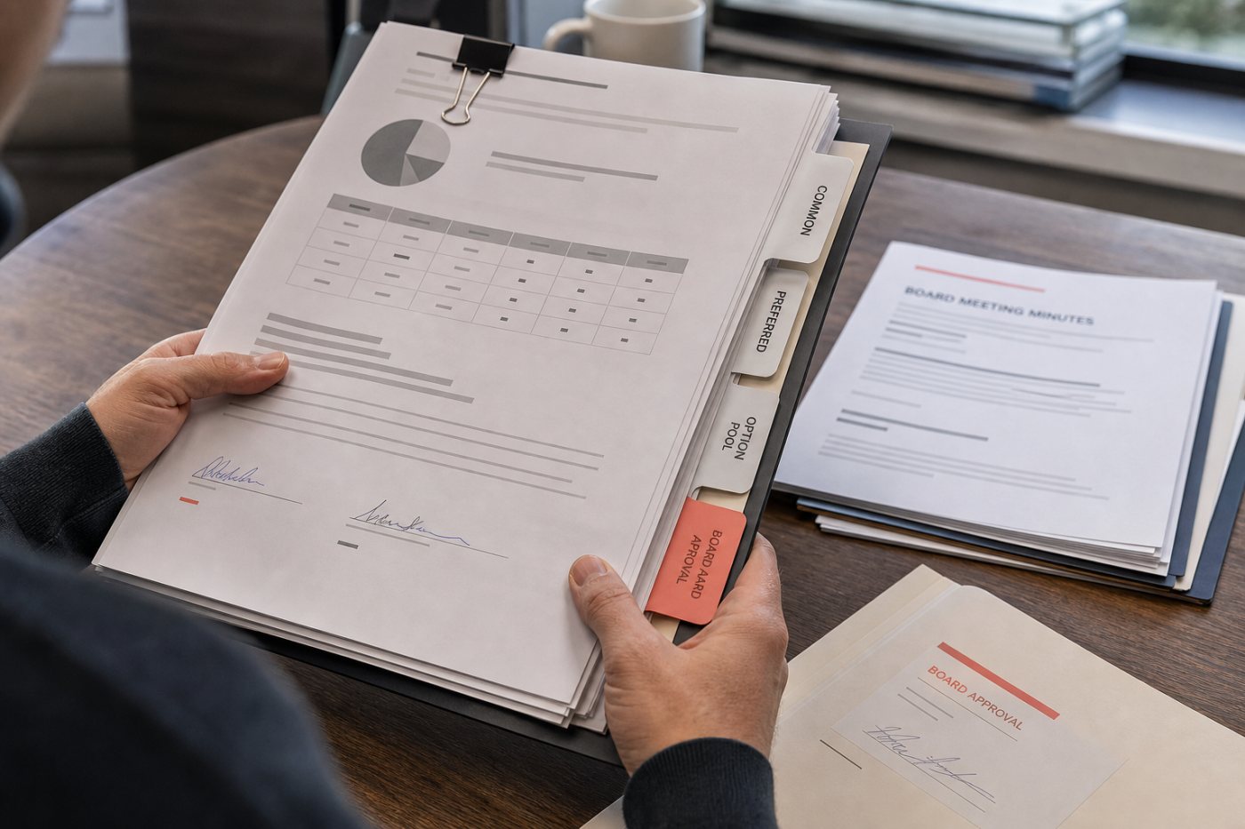 Venture financing mapped to preferred stock, an option pool and corporate board approvals.
