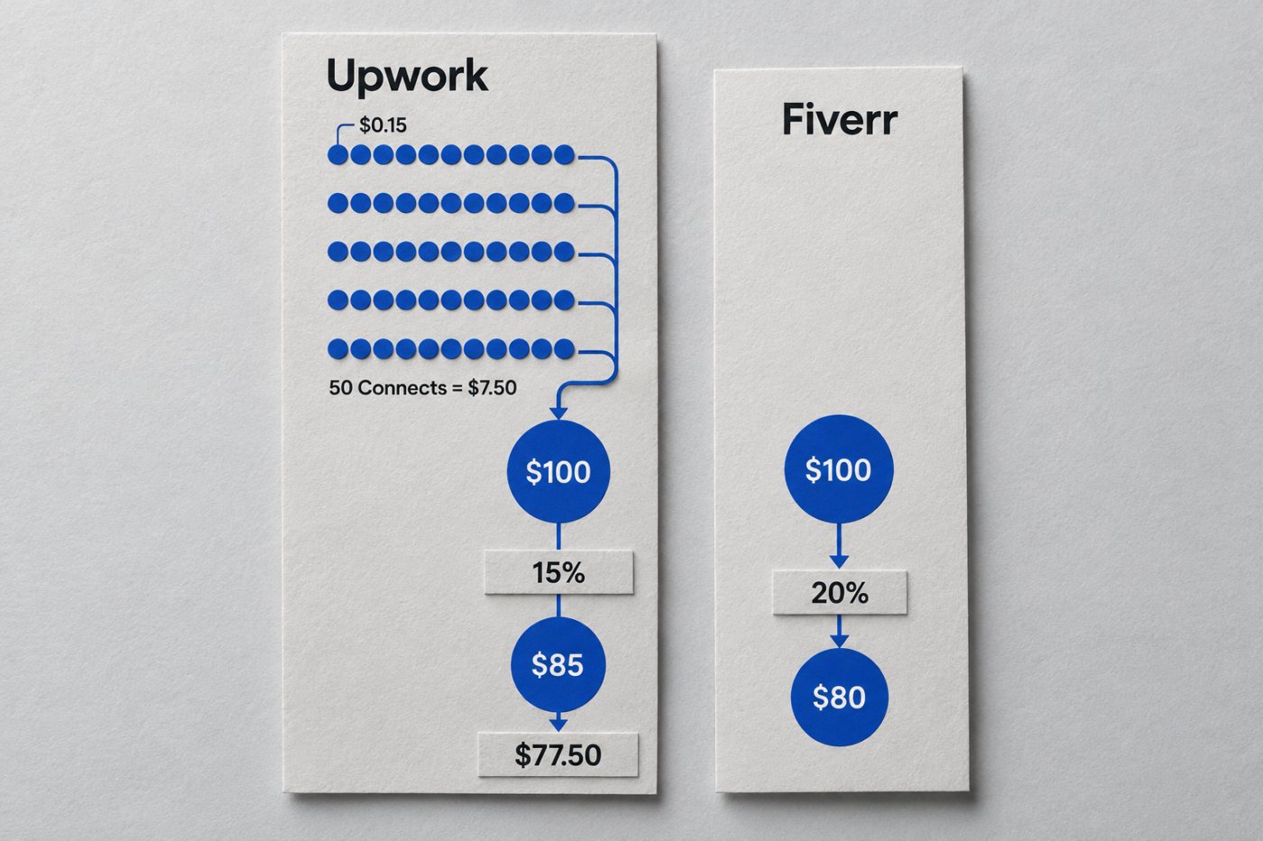 Costul creditelor Connects pentru propuneri reduce venitul rămas dintr-un contract câștigat pe Upwork.