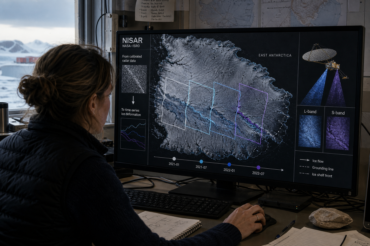 Public NISAR radar products support repeated monitoring of Antarctic ice and other changing landscapes.