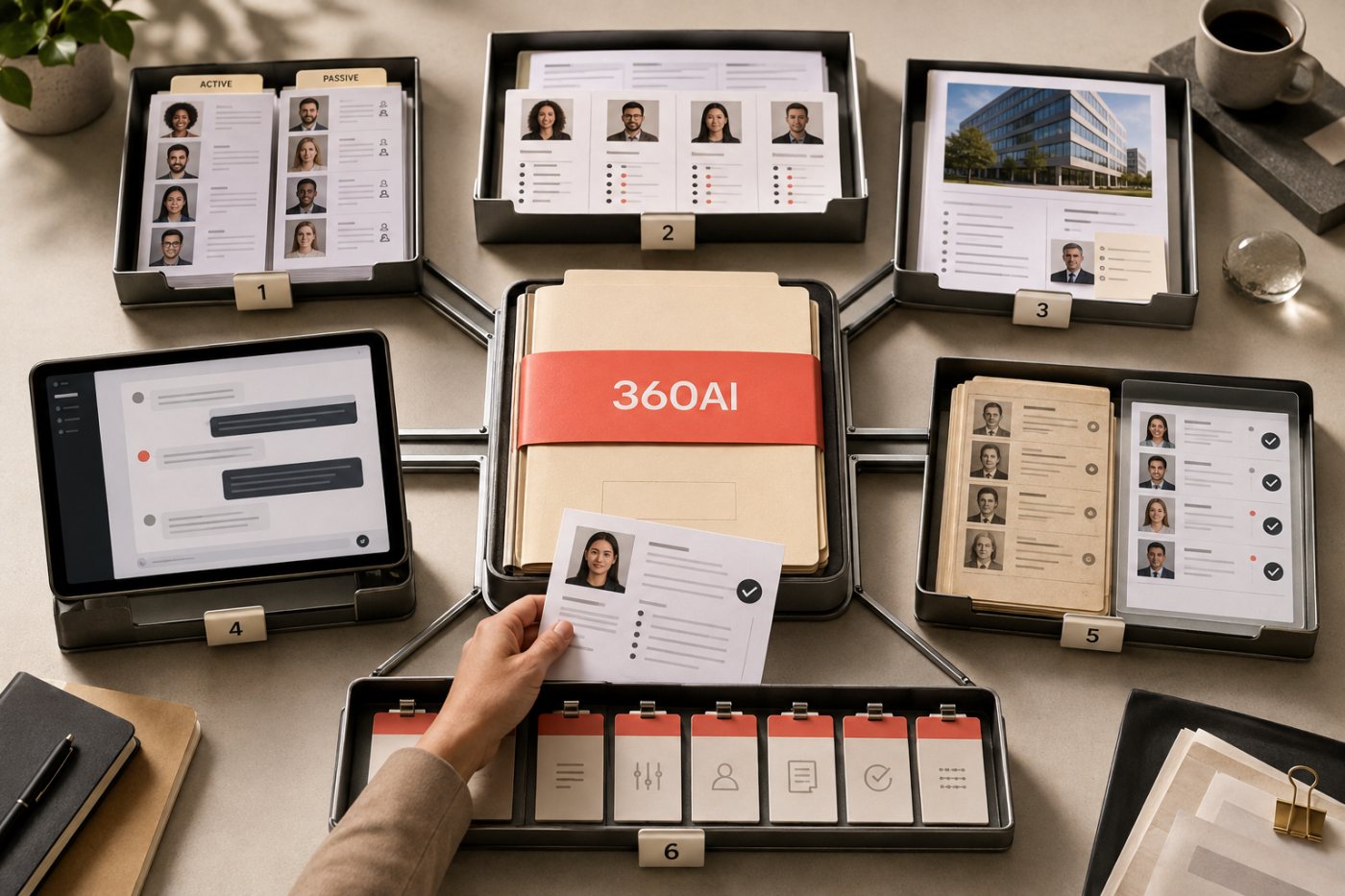 Las seis funciones de 360AI conectan búsqueda, clasificación, prospección y actualización de datos en un mismo proceso.