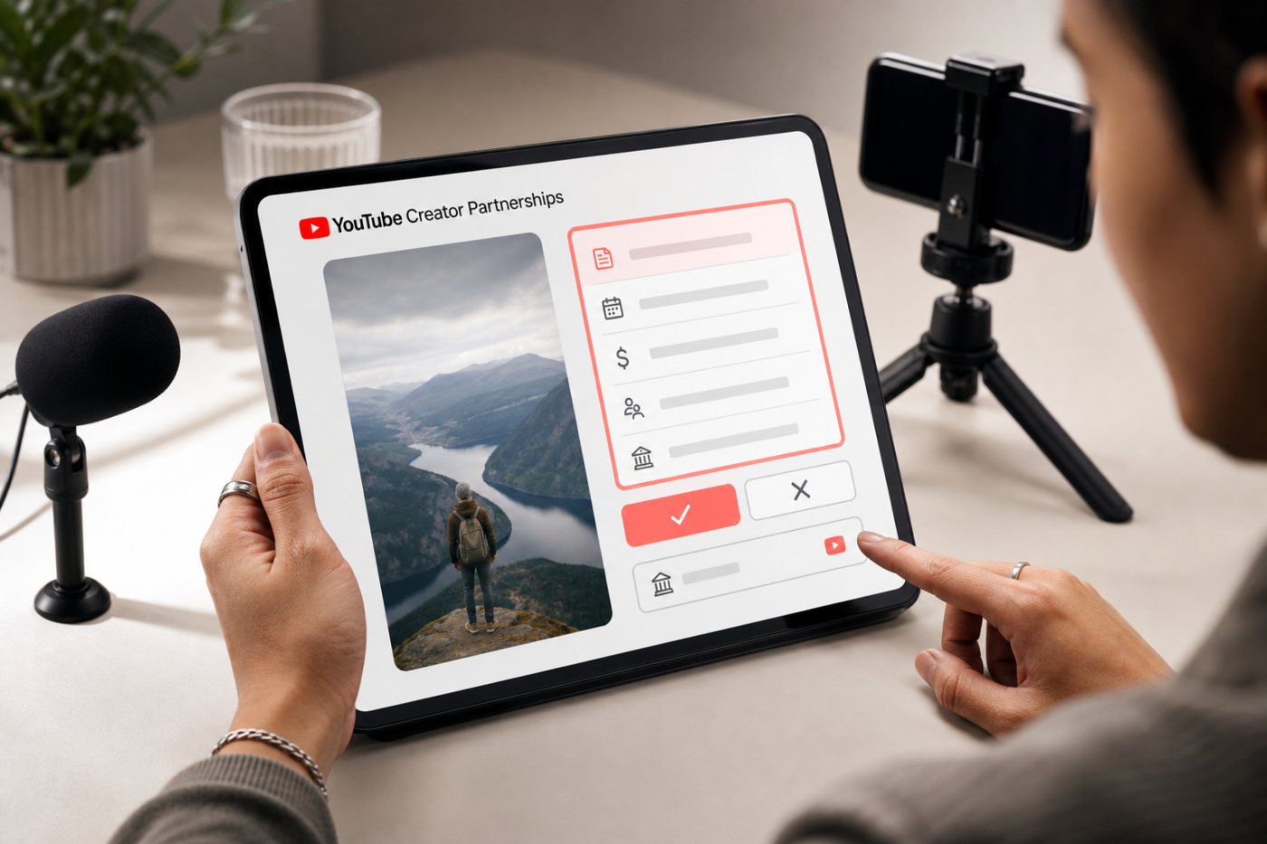 Invited creator reviewing an Open Call brief, selection conditions, video visibility and payment route before submitting a Short.