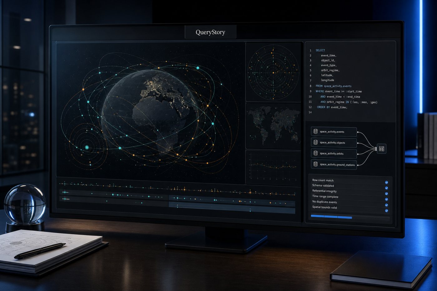 A QueryStory transforma dados de atividade espacial em uma visualização verificável, acompanhada das consultas e do indicador de confiança.