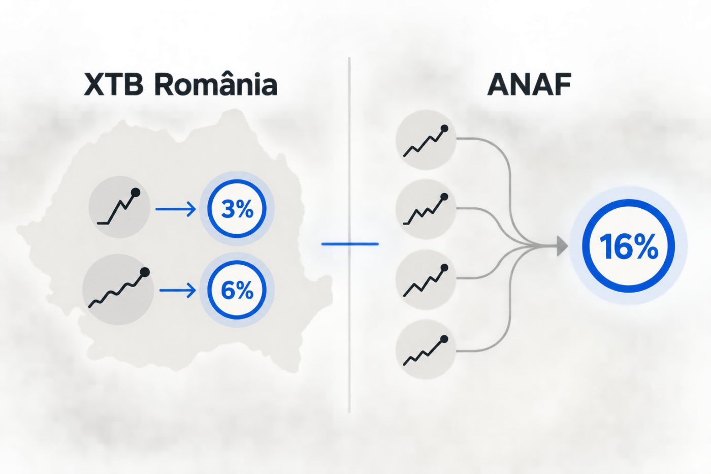 XTB România reține impozitul la sursă, iar pentru un cont la un intermediar străin investitorul poate avea obligația declarării câștigului net.