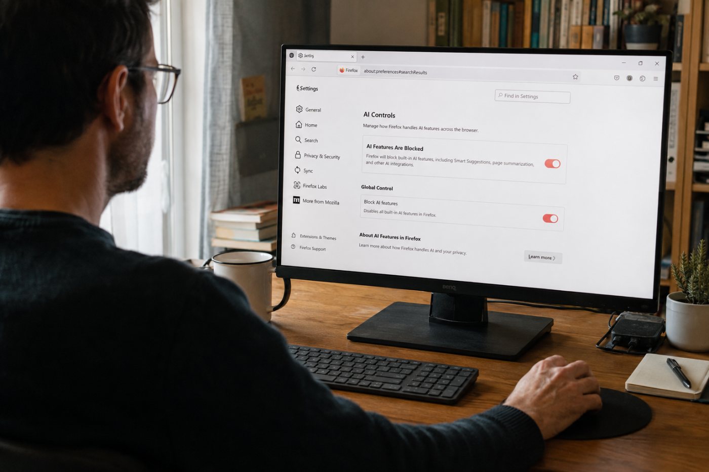 Parcours des paramètres de Firefox jusqu’au commutateur qui bloque les fonctions d’IA intégrées.