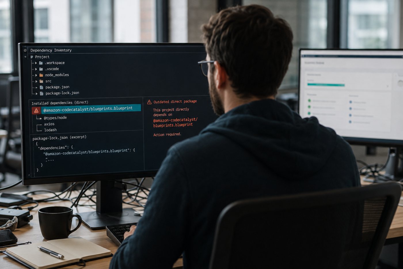 Inventário localiza uma versão vulnerável do pacote na árvore de dependências e no lockfile.