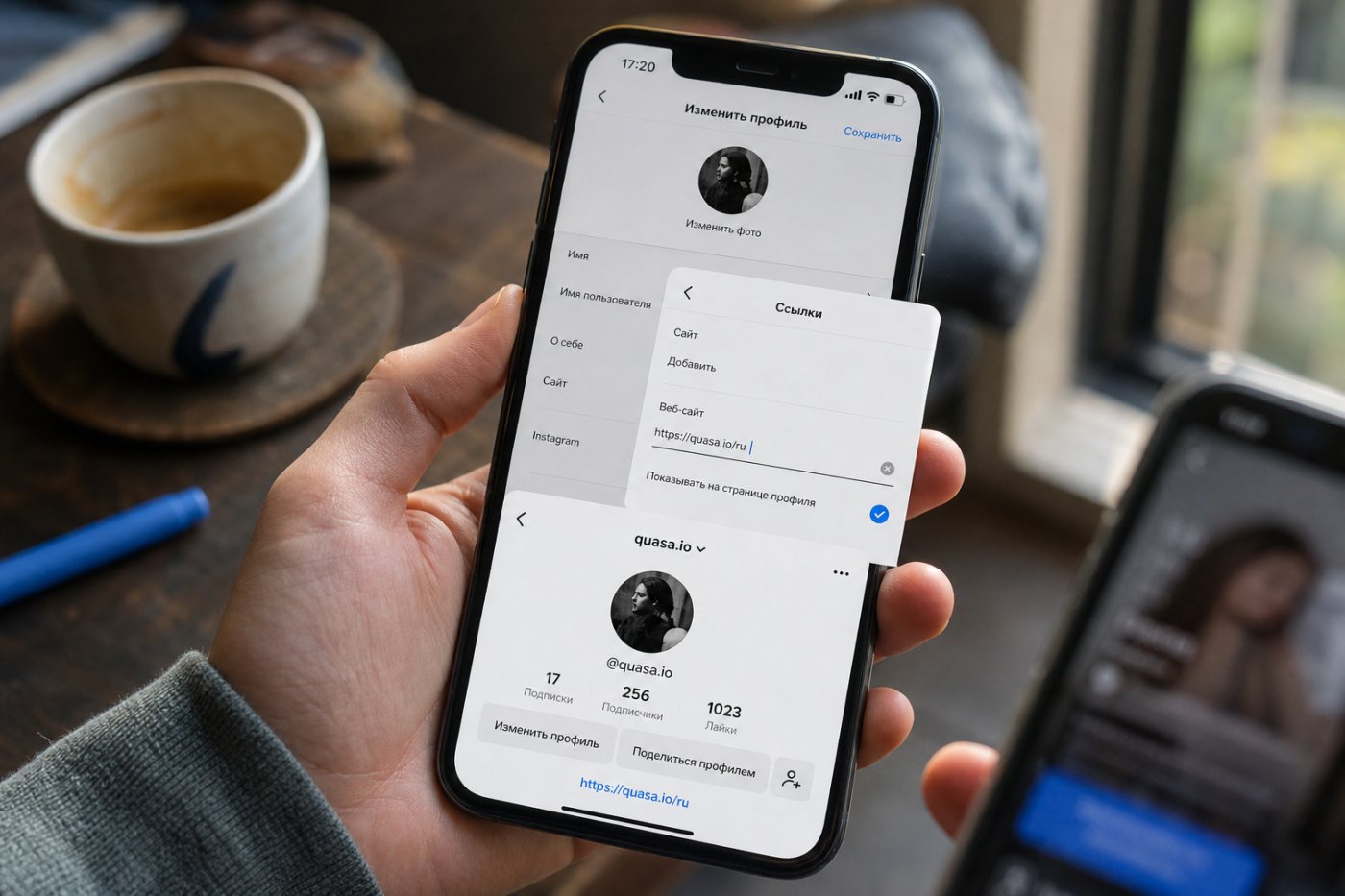 Последовательность добавления адреса сайта через редактор профиля TikTok и проверка сохранённой ссылки