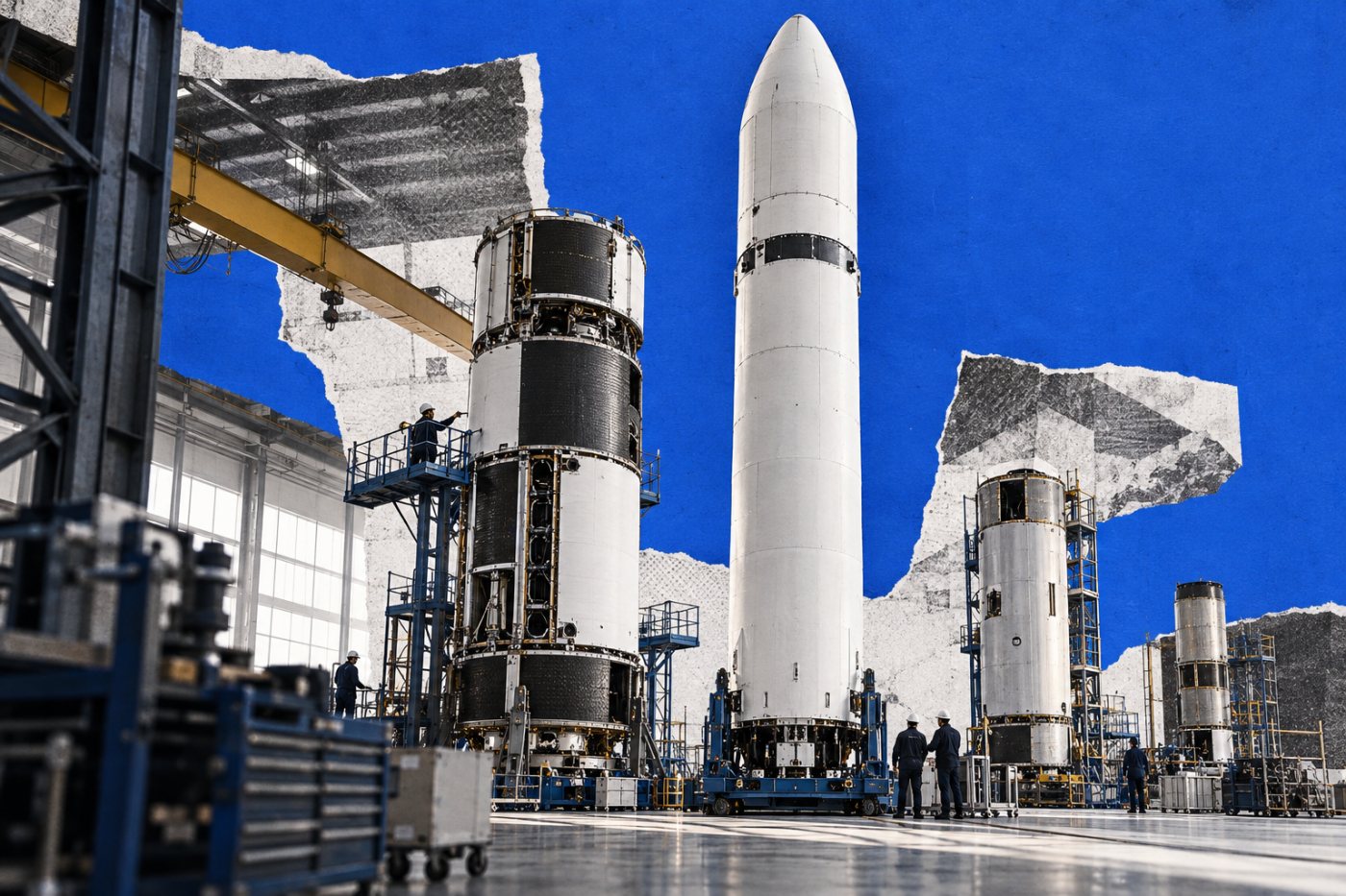 Mehrere Spectrum-Raketen in unterschiedlichen Produktionsstufen zeigen den Übergang vom Einzelerfolg zur Serie.
