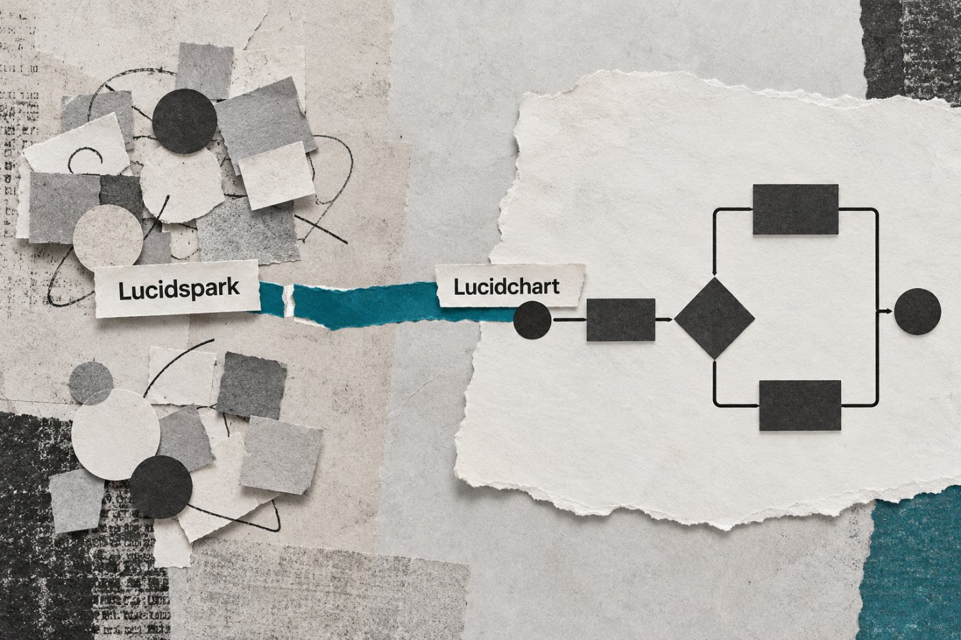 „Lucidspark“ idėjos virsta „Lucidchart“ proceso diagrama, kuriai redaguoti reikia abiejų produktų prieigos.