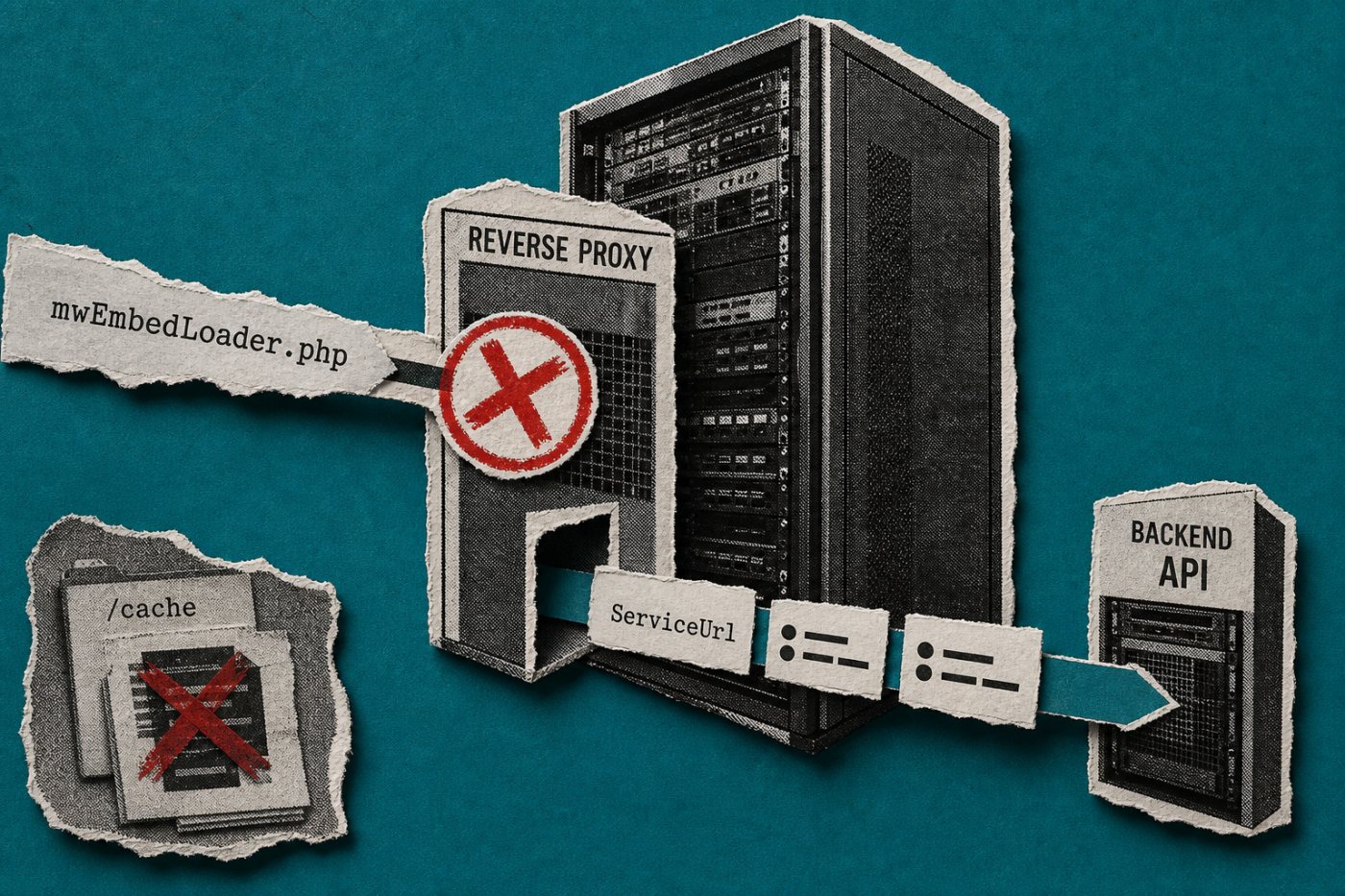 Обратный прокси закрывает mwEmbedLoader.php и пропускает ServiceUrl только к разрешённому узлу API.