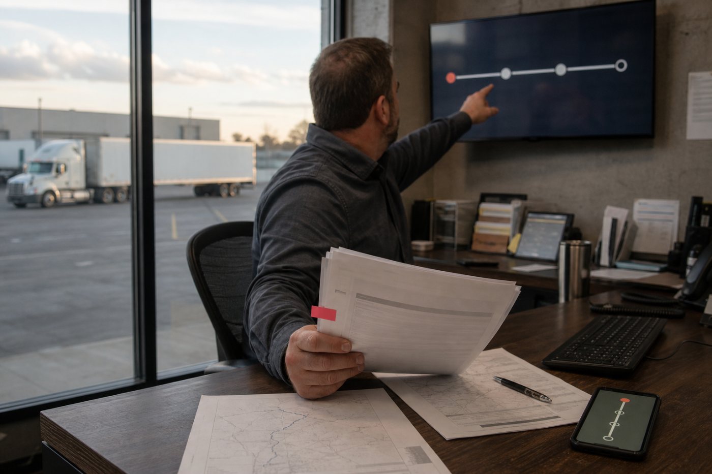 A freight broker reviews carrier qualification and shipment status for an active load as a potential integrated workflow.