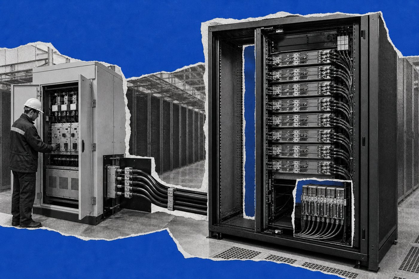 Chaîne électrique où la conversion AC/DC est déplacée hors du rack et le 800 VDC alimente les convertisseurs proches des équipements de calcul.