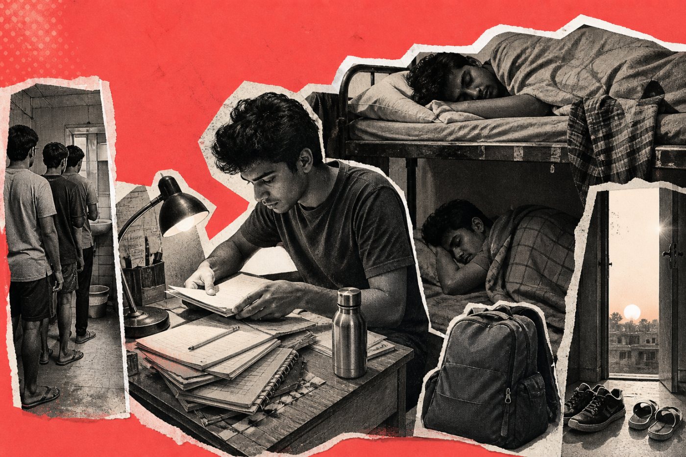साझा छात्रावास कक्ष में परीक्षा के निश्चित समय के बीच सुबह की तैयारी करता विद्यार्थी।