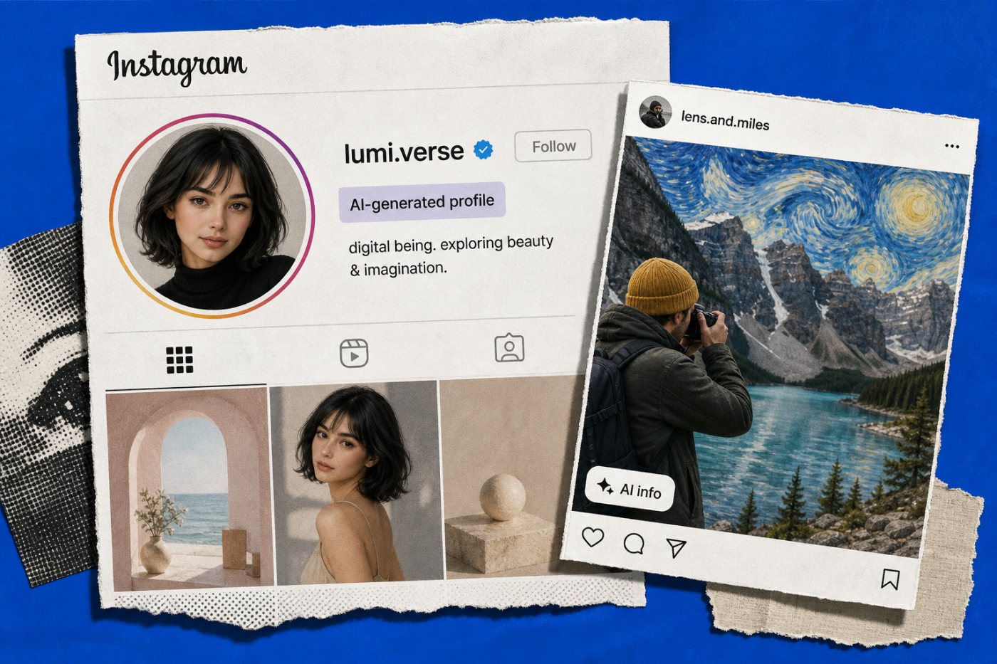 Instagram में पूरी कृत्रिम प्रोफ़ाइल का लेबल और एक AI-संपादित पोस्ट का अलग संकेत।