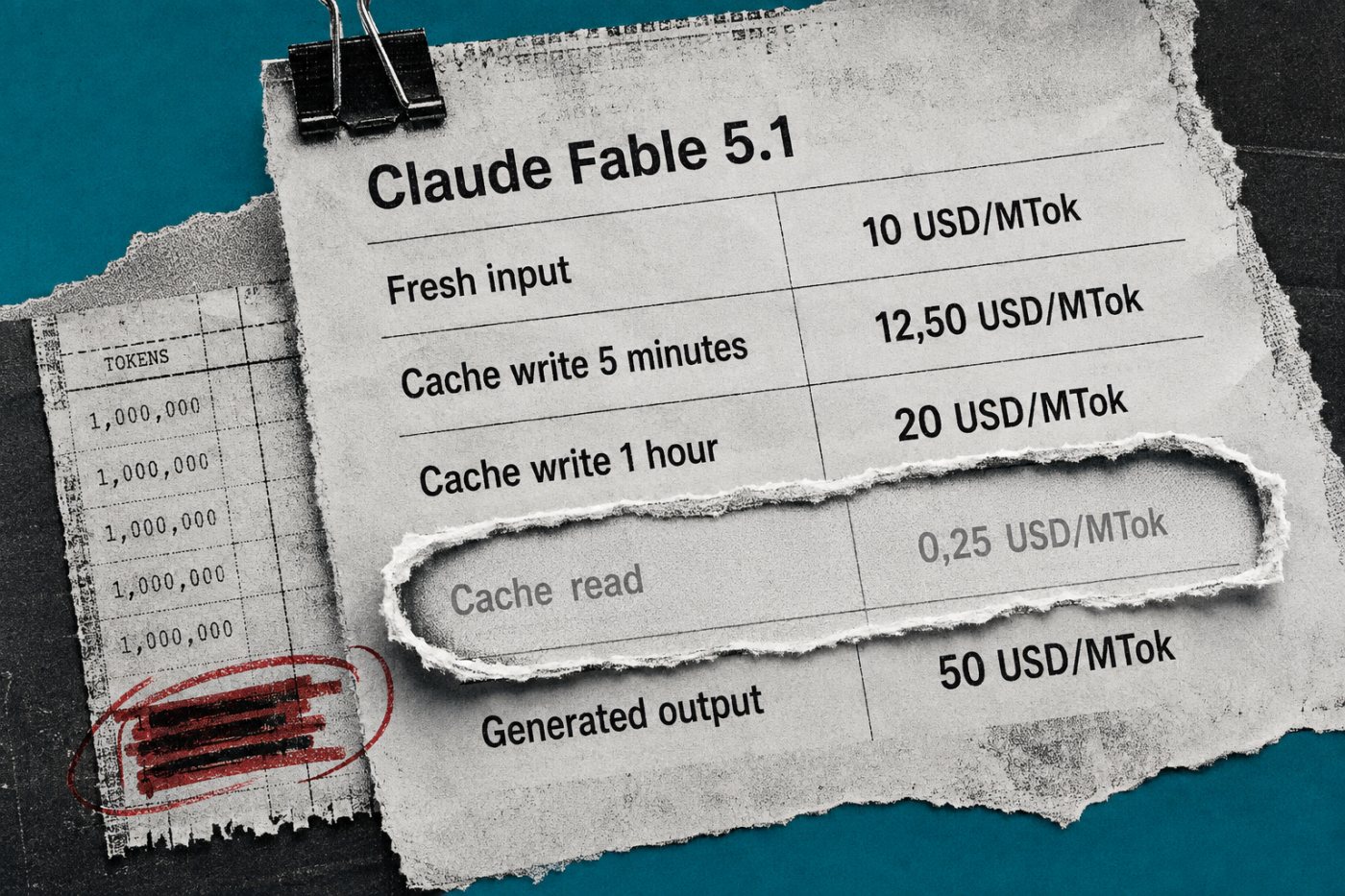 Bảng phí Claude Fable 5.1 tách input, output, ghi cache và đọc cache 0,25 USD mỗi triệu token